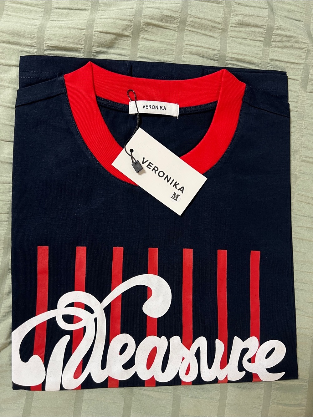 Men’s Short Sleeve Navy Tee with Red Trim & Graphic